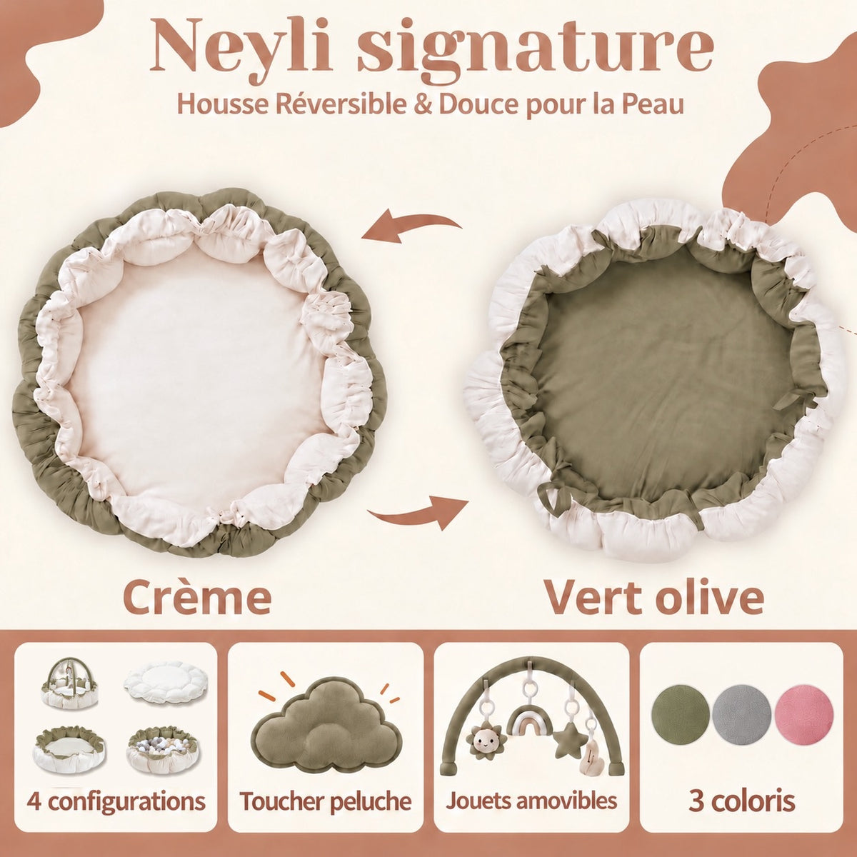 Nid d'éveil Nuage coloris Ivoire Sauge : housse réversible crème et vert olive, 4 configurations, toucher peluche, jouets amovibles
