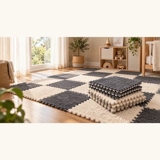 Dalles puzzle en mousse à poils doux gris anthracite et crème assemblées en damier, avec une pile de dalles