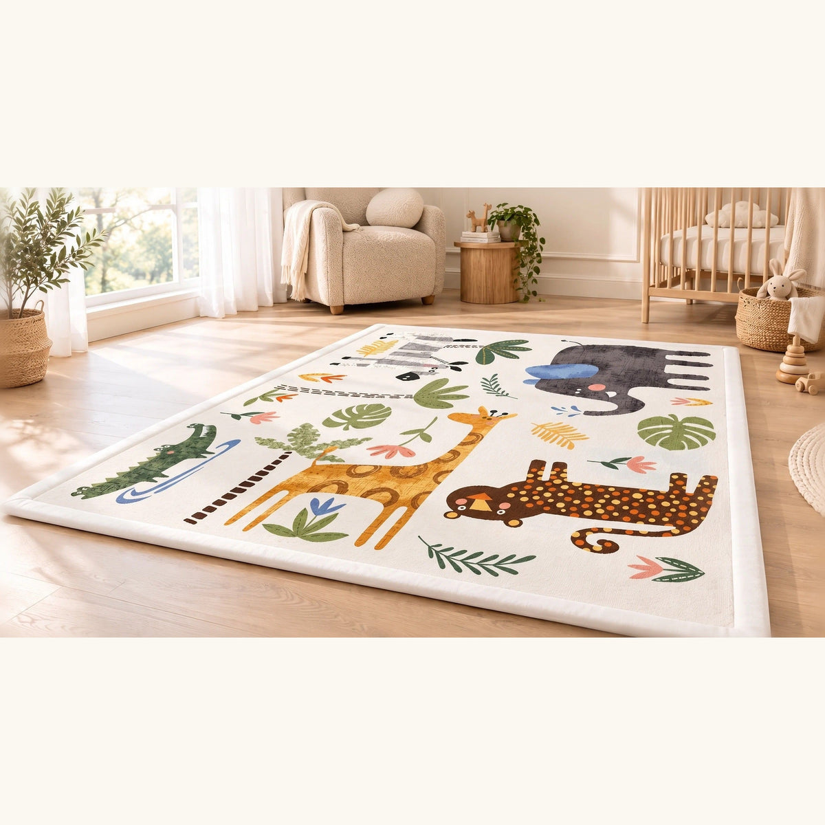 Tapis en velours corail motif safari avec girafe, éléphant, zèbre, crocodile et léopard