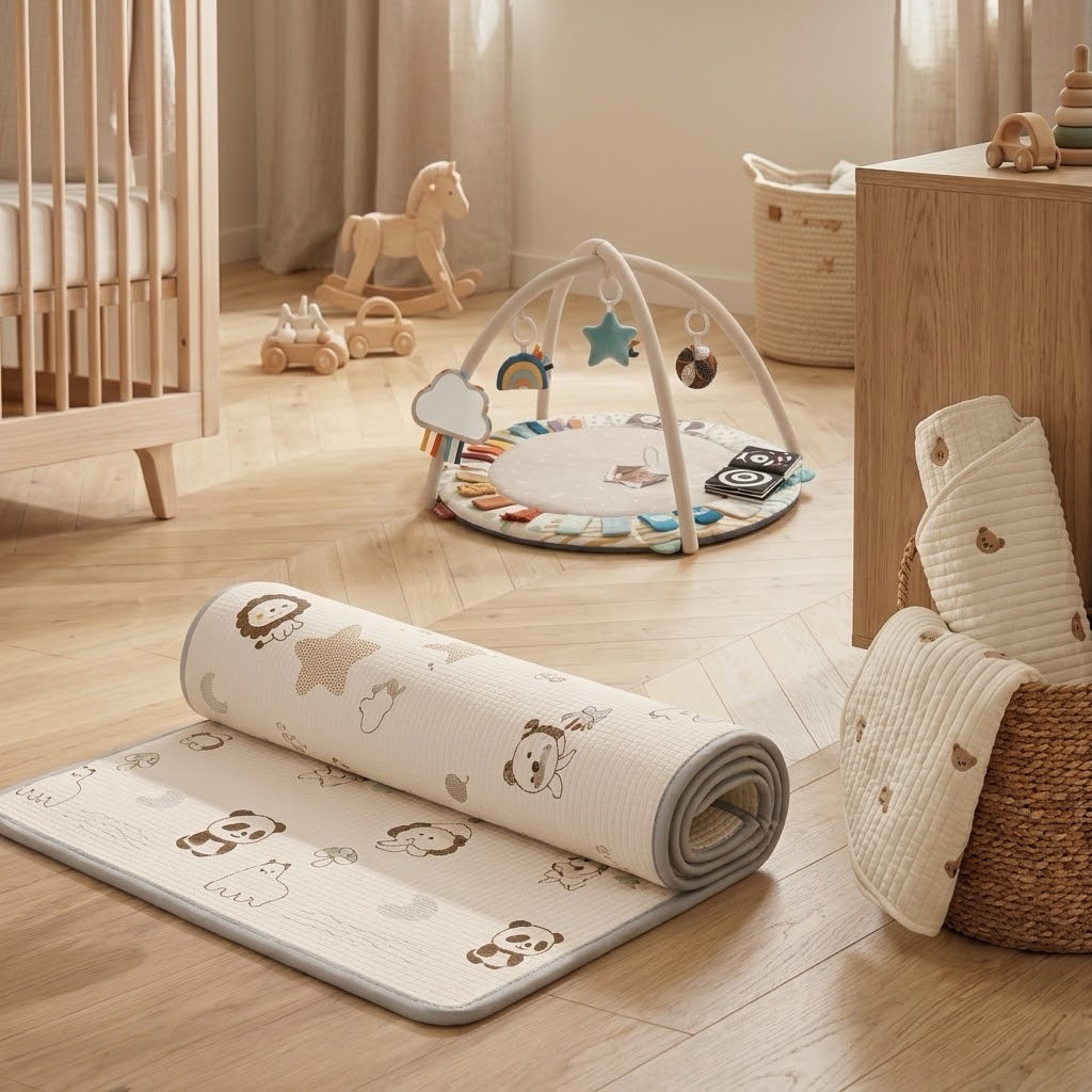 Tapis d'éveil Neyli roulé et tapis avec arche dans une chambre de bébé