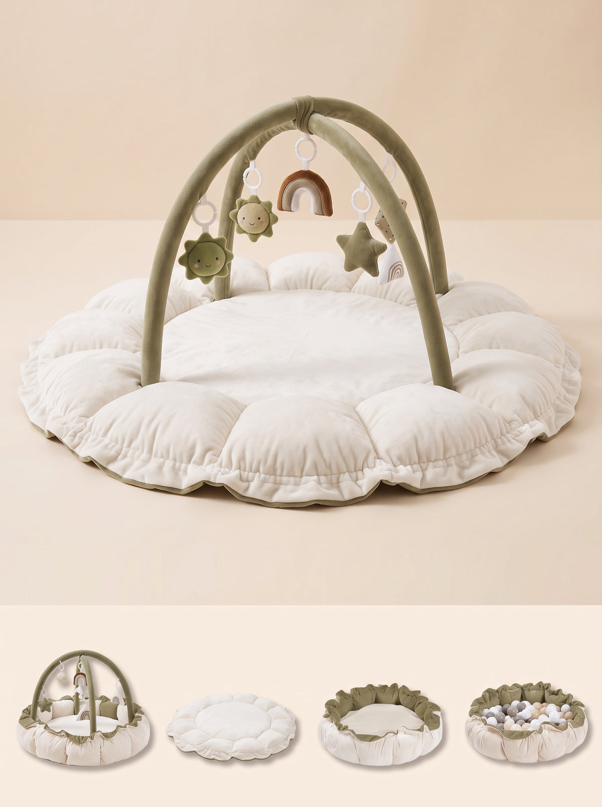 Nid d'éveil Nuage coloris Ivoire Sauge (crème et vert olive) avec arche et ses configurations : tapis avec arche, tapis à plat, nid à rebords relevés, piscine à balles