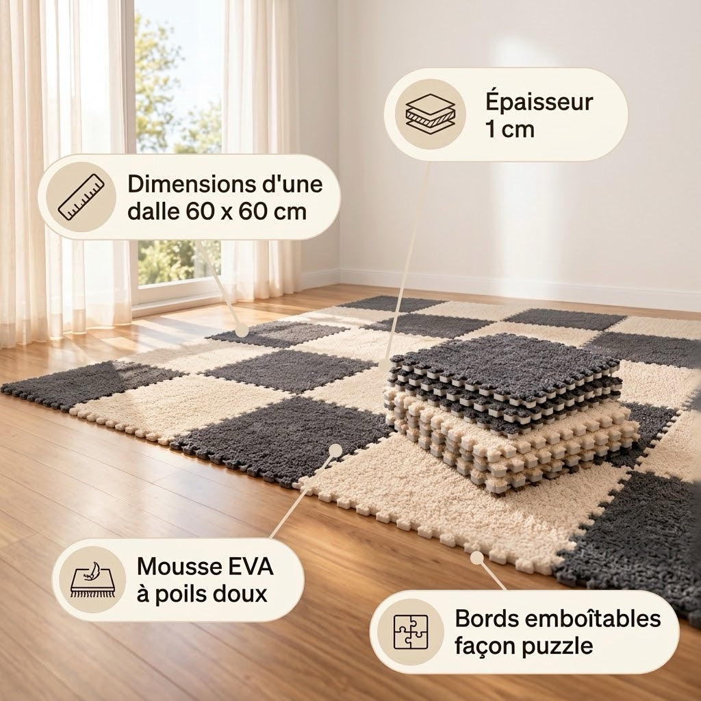 Dalles puzzle en mousse EVA à poils doux : dalle de 60 x 60 cm, épaisseur 1 cm, bords emboîtables façon puzzle