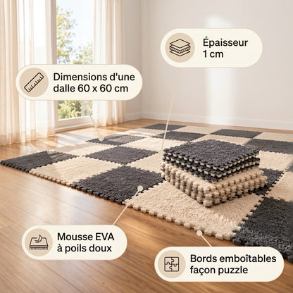 Dalles puzzle en mousse EVA à poils doux : dalle de 60 x 60 cm, épaisseur 1 cm, bords emboîtables façon puzzle