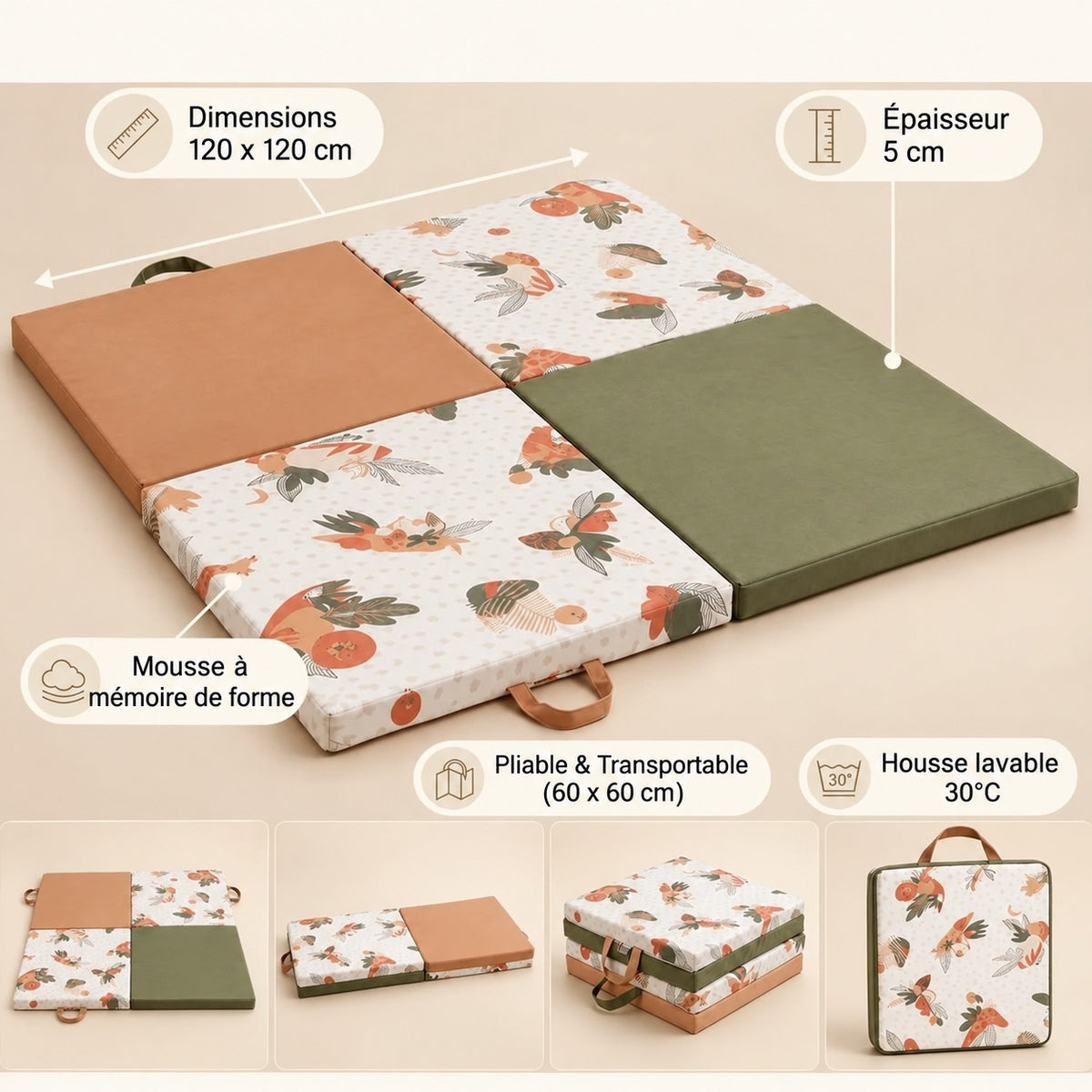 Tapis d'éveil pliable 4 panneaux 120 x 120 cm, épaisseur 5 cm, mousse à mémoire de forme, housse lavable 30 °C, montré déplié, plié en deux, replié et fermé avec ses poignées