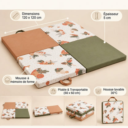 Tapis d'éveil pliable 4 panneaux 120 x 120 cm, épaisseur 5 cm, mousse à mémoire de forme, housse lavable 30 °C, montré déplié, plié en deux, replié et fermé avec ses poignées