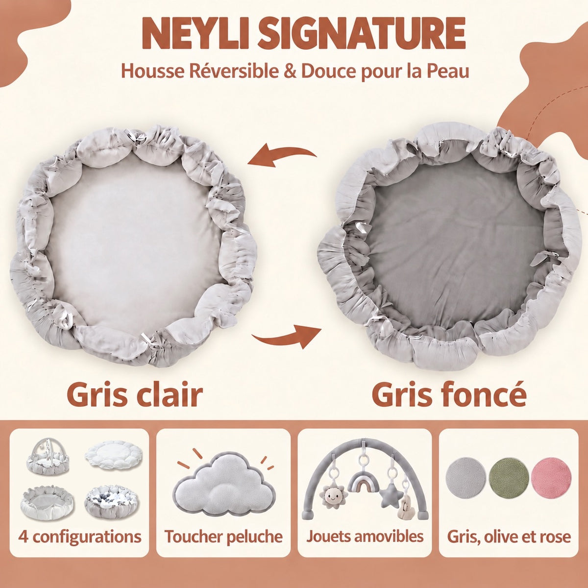 Nid d'éveil Nuage coloris Gris Brume : housse réversible gris clair et gris foncé, 4 configurations, toucher peluche, jouets amovibles