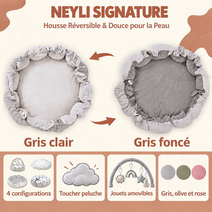 Nid d'éveil Nuage coloris Gris Brume : housse réversible gris clair et gris foncé, 4 configurations, toucher peluche, jouets amovibles