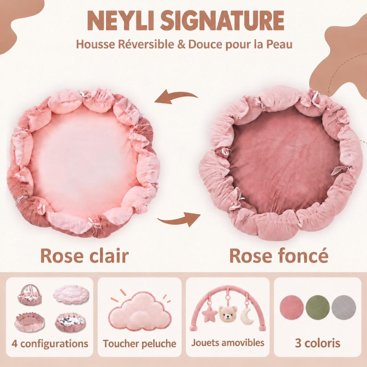 Nid d'éveil Nuage coloris Rose Poudré : housse réversible rose clair et rose foncé, 4 configurations, toucher peluche, jouets amovibles