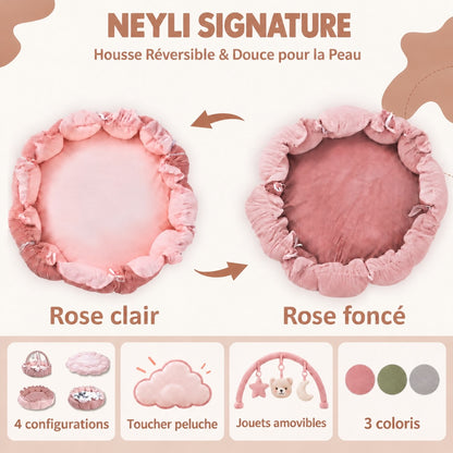 Nid d'éveil Nuage coloris Rose Poudré : housse réversible rose clair et rose foncé, 4 configurations, toucher peluche, jouets amovibles