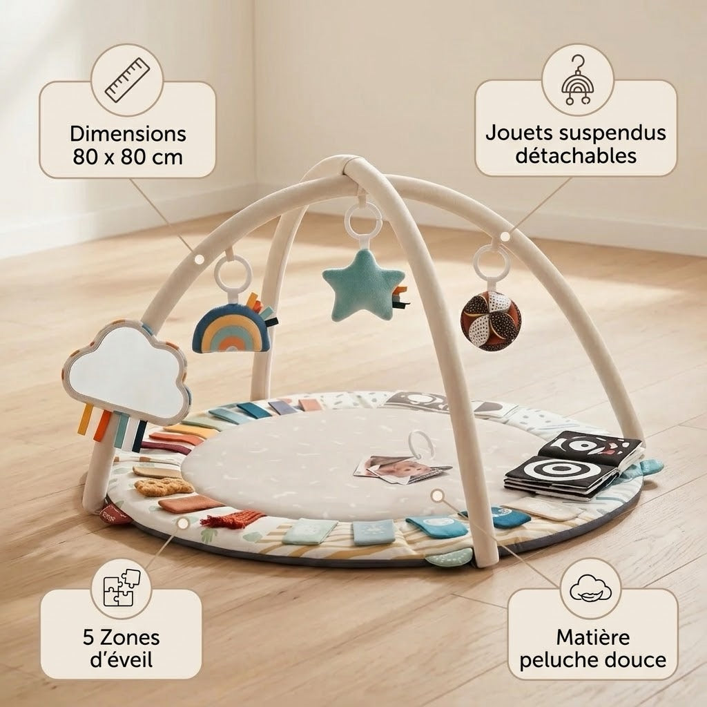 Tapis d'éveil sensoriel avec arche : 80 x 80 cm, jouets suspendus détachables, 5 zones d'éveil, matière peluche douce