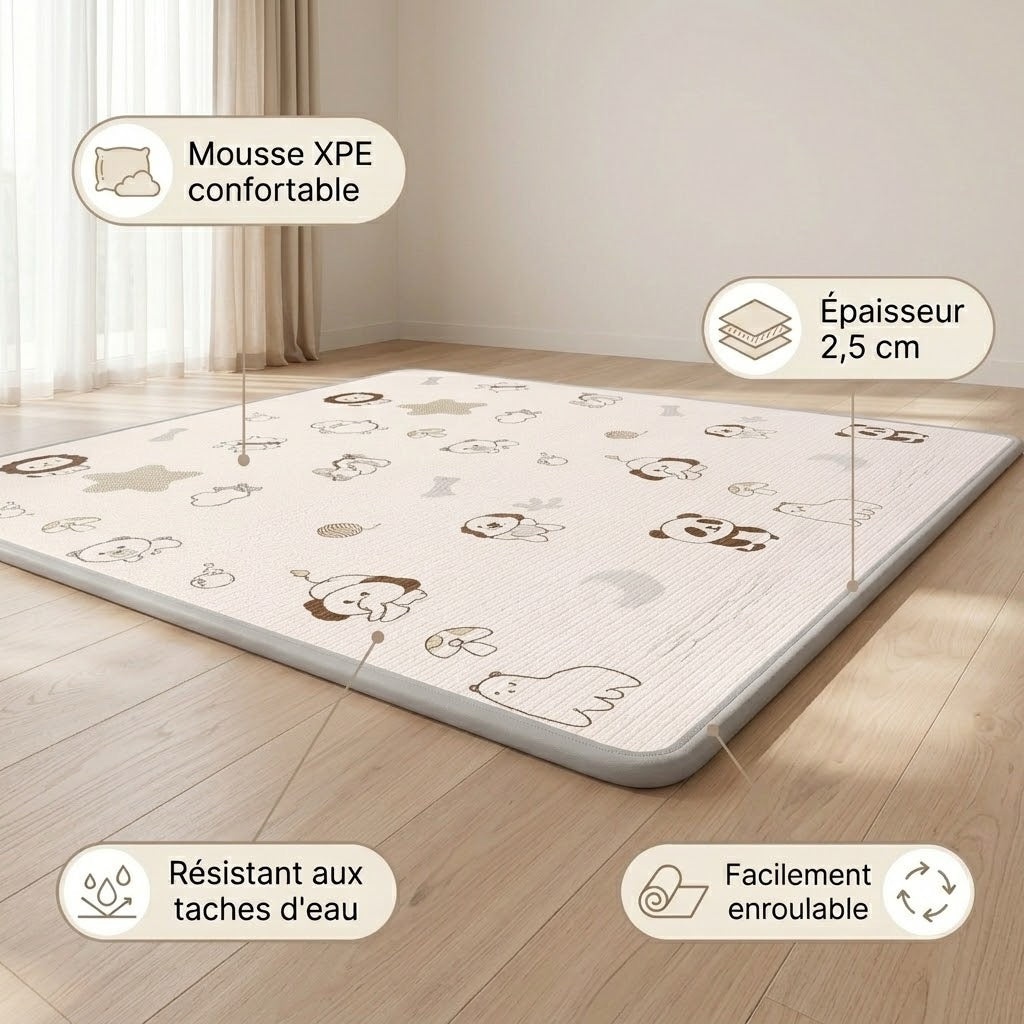 Tapis de jeu XPE enroulable Animaux : mousse XPE confortable, épaisseur 2,5 cm, résistant aux taches d'eau, facilement enroulable